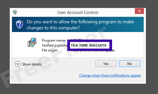 Screenshot where TEA TIME BISCUITS appears as the verified publisher in the UAC dialog